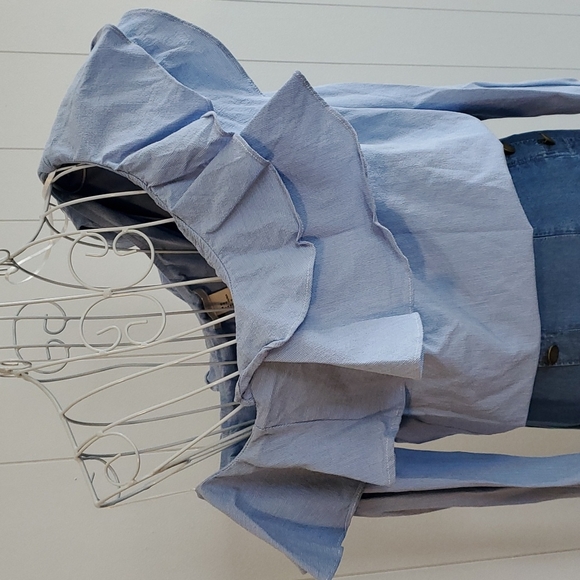 H&M One Shoulder Ruffle long Sleeve Blouse Pinstripes White Blue Size 12 - Picture 3 of 5